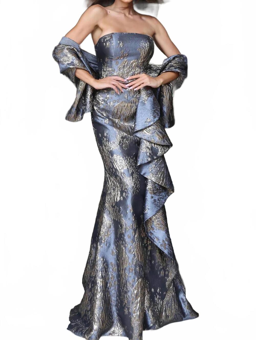 NEW JOVANI strapless gown with cascading ruffle in gunmetal/gold blue
